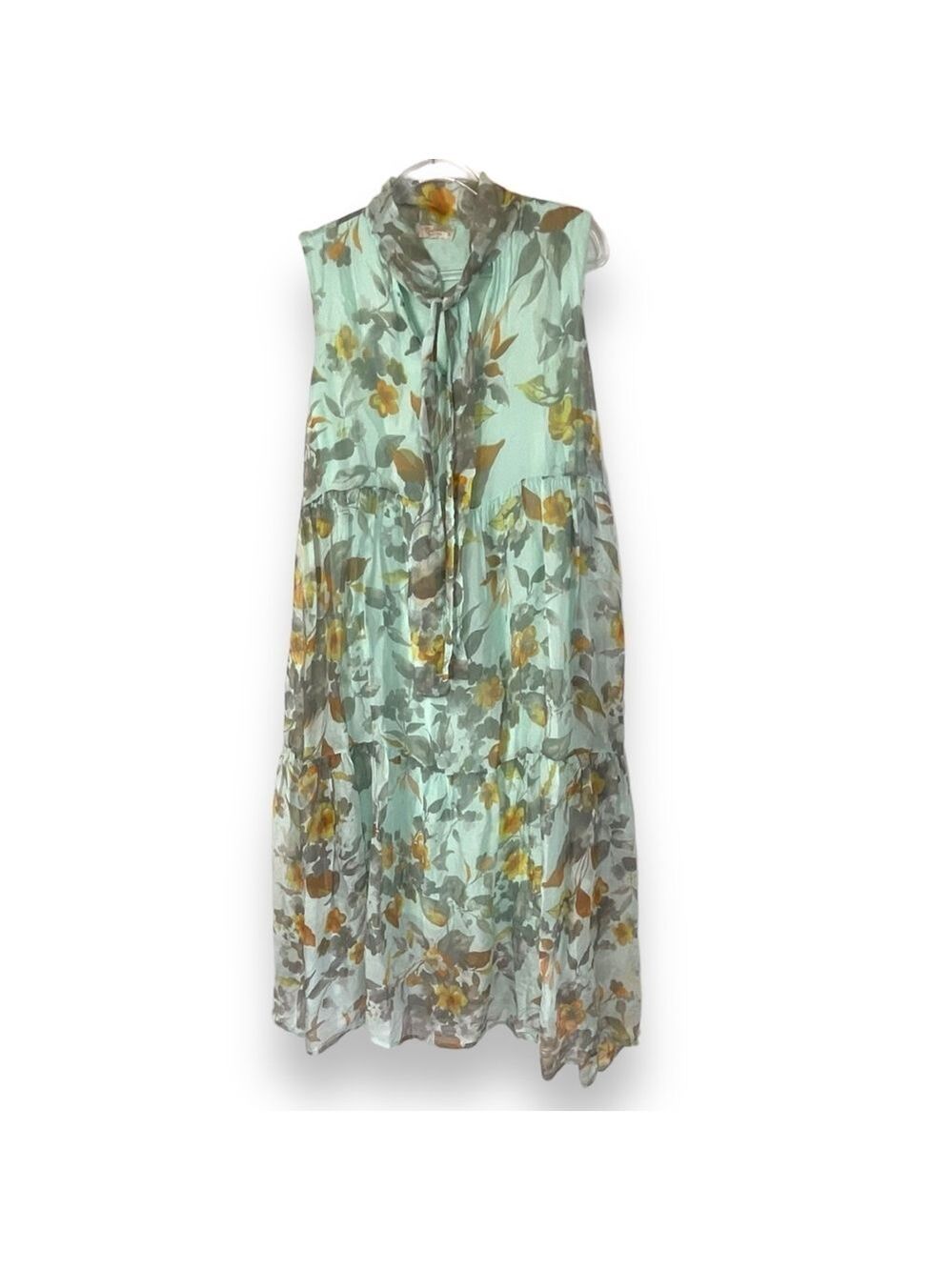 Bellambra‎ Dress Silk Blend Floral Sheer Long Maxi Aqua Blue Green Brown Size S